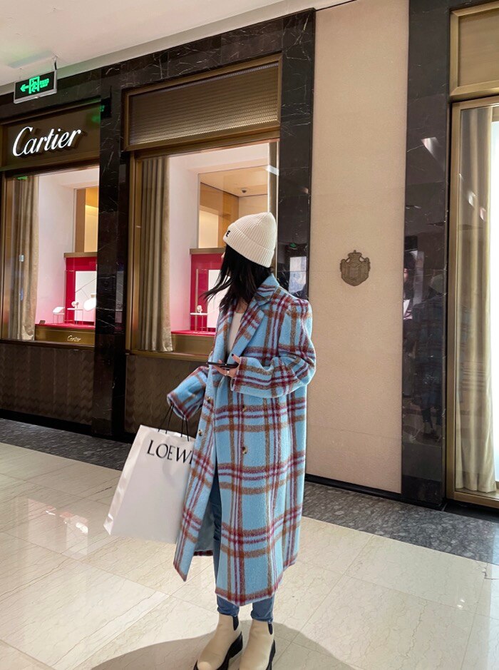 Vintage Blue Checked Loose Wool Coat with Puff Sleeves