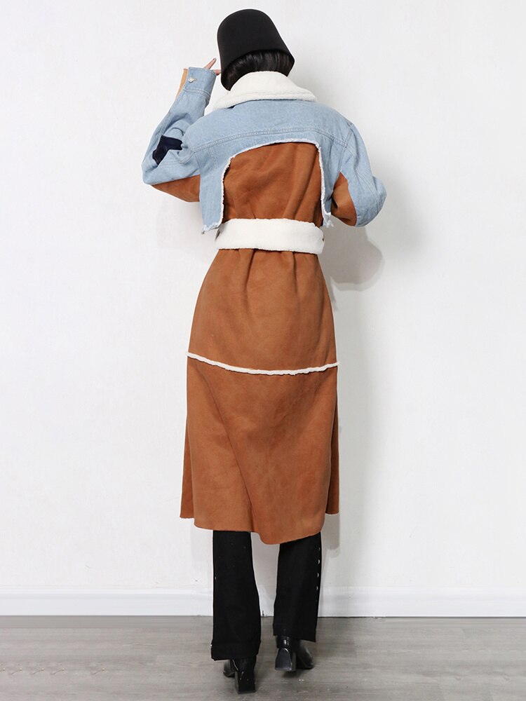 Lace Up Patchwork Denim Lambswool Jacket for Women