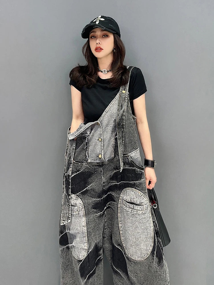 Playful Denim Patchwork V-Neck Jumpsuit for Women