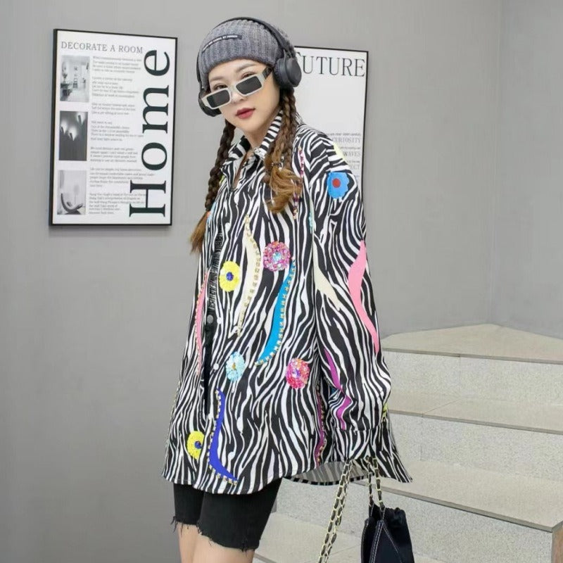 Playful Leopard Print Long-Sleeved Denim Shirt