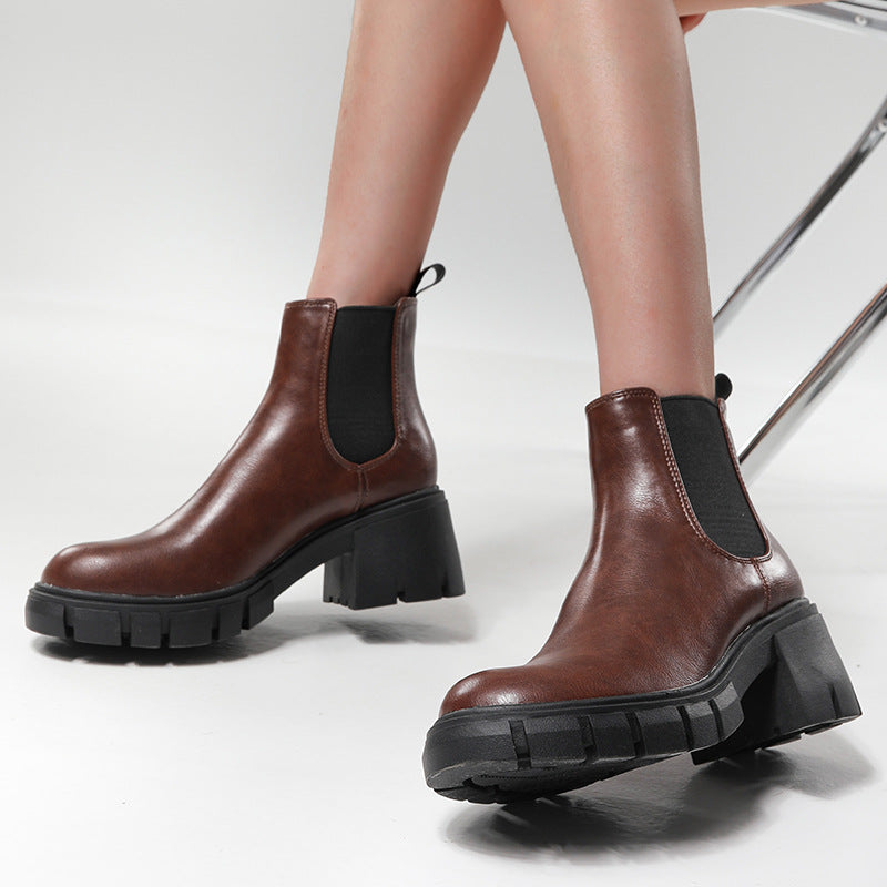 Heavy Heeled Thick Soled Martin Boots New Round Toe Short Boots for Autumn and Winter in Large Size (44-35)