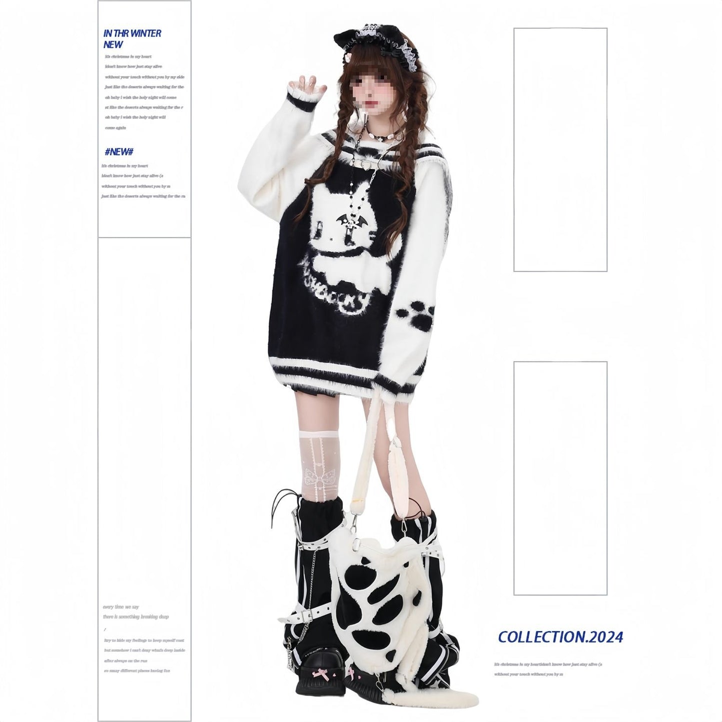LED Cartoon Imitation Mink Fur Loose Black and White Sweater