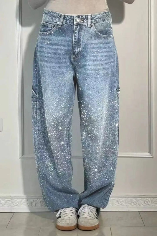 Plus Size Washed Rhinestone Detail Wide Leg Jeans