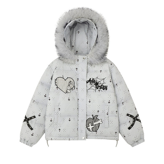 Spiderweb Cotton Coat for Women Winter Loose Detachable Fur Collar Hooded Thick Warm Puffer Coat