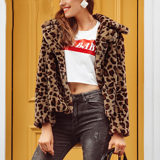 Harajuku Style Leopard Print Faux Fur Coat