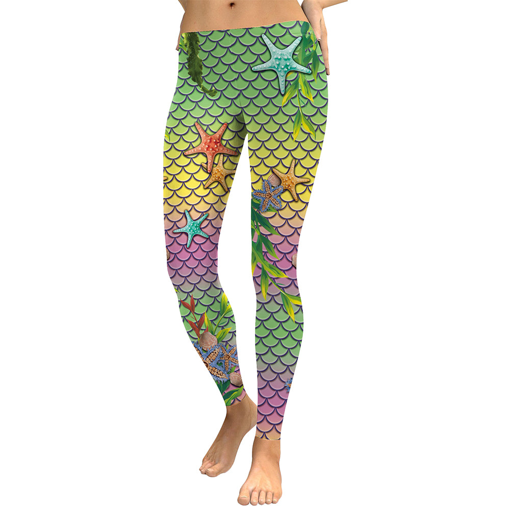Mermaid Ocean Women's Leggings Starfish Fish Scales Digital Print Green and Pink Pants