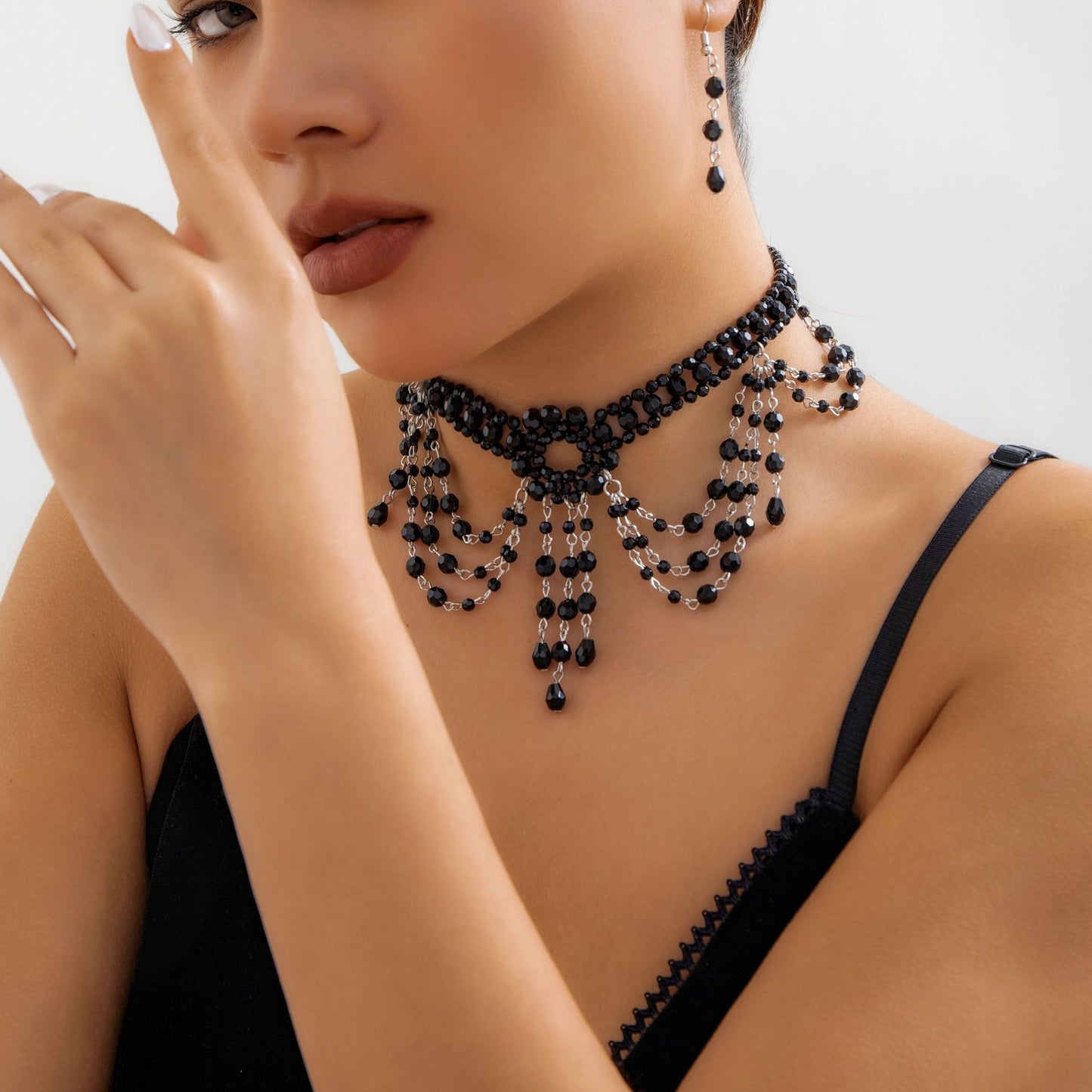 Gothic Beaded Crystal Choker & Earrings Set