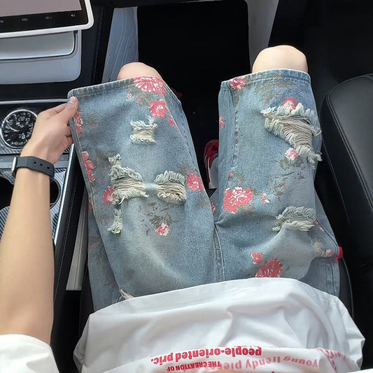 Men's Floral Print Ripped Denim Shorts
