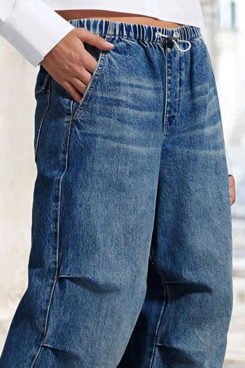 Playful Drawstring Waist Wide Leg Shirred Jeans