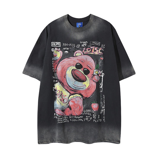 Retro Strawberry Bear Print Short Sleeve T-Shirt