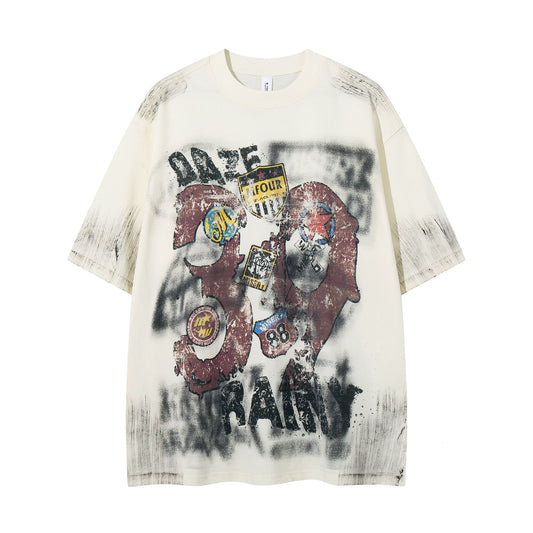 Harajuku Graffiti Badge Vintage Short Sleeve Tee — Fragmented Flowers Cotton Loose Fit