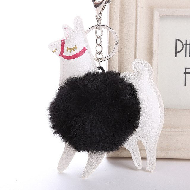 Alpaca Shape Fluffy Fur Pompom Key Chains