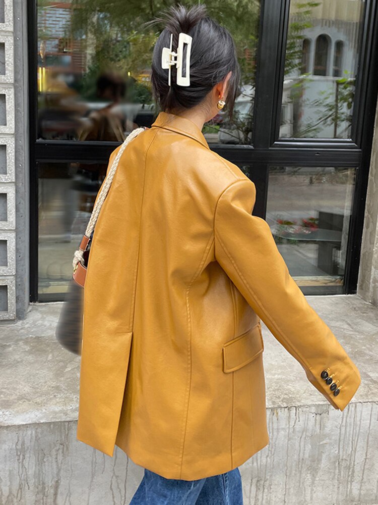 Playful Yellow PU Leather Oversized Blazer for Women