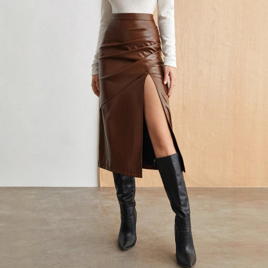 Solid Color High-Waisted Figure-Hugging Split Skirt
