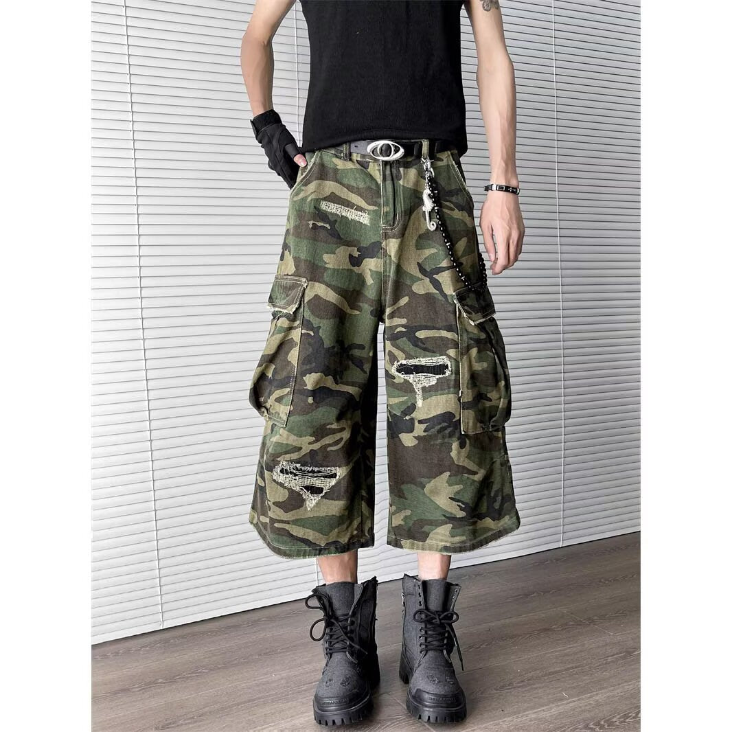 Destruction Camouflage Denim Wide Leg Cropped Pants