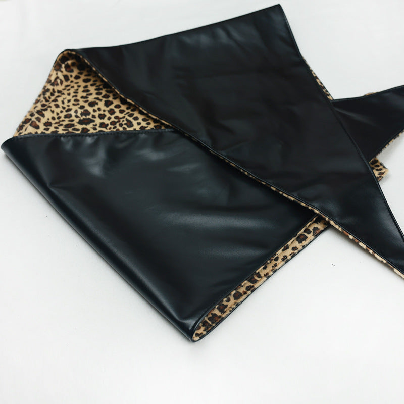 Double-Sided Leopard Print & Leather Triangular Scarf with Headband
