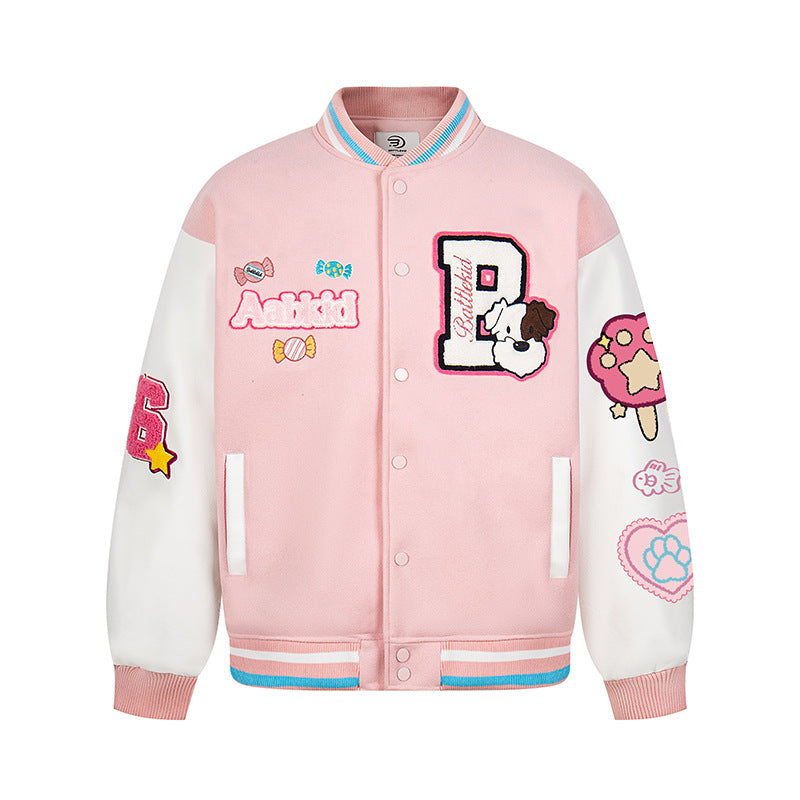 Letter Embroidery Color-blocked Thick Baseball Jacket Casual Terry Cloth Coat