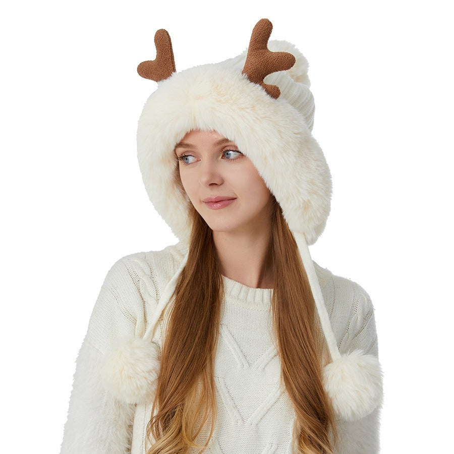 Playful Deer Horn Wool Ball Knitted Hat