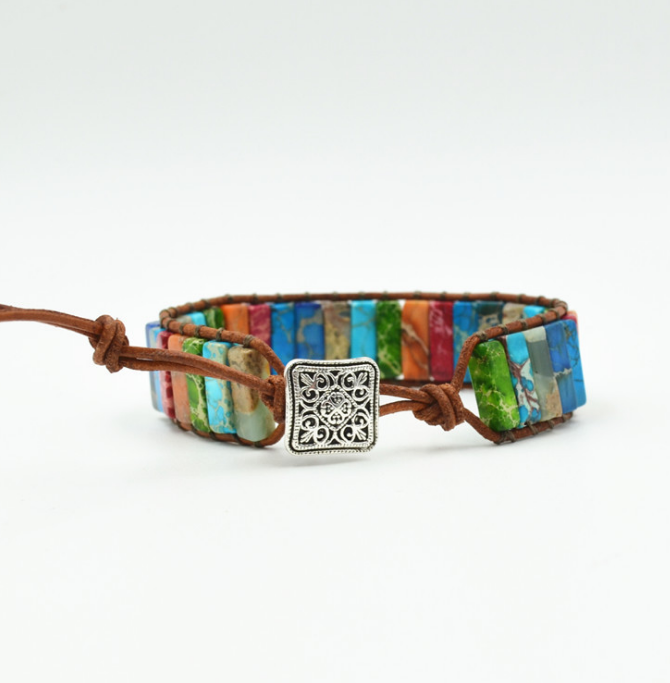 Handmade Chakra Bracelet - Multi Color Natural Stone & Leather