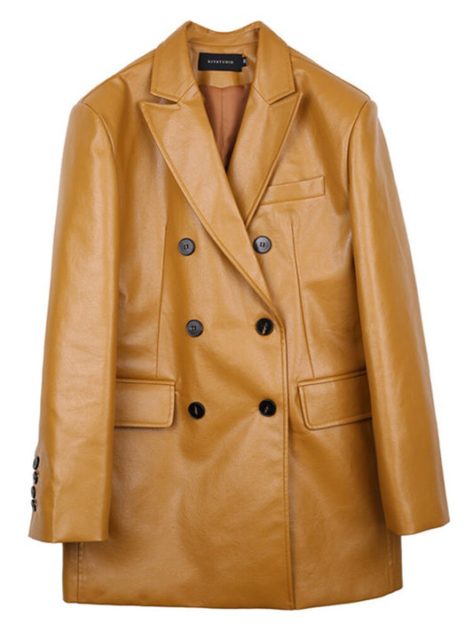 Playful Yellow PU Leather Oversized Blazer for Women