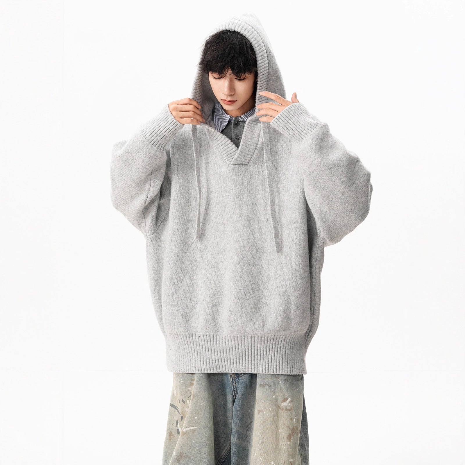 Classic V-neck Hooded Sweater for Men - Winter Fashion Brand, Versatile Casual Knitwear Jacket