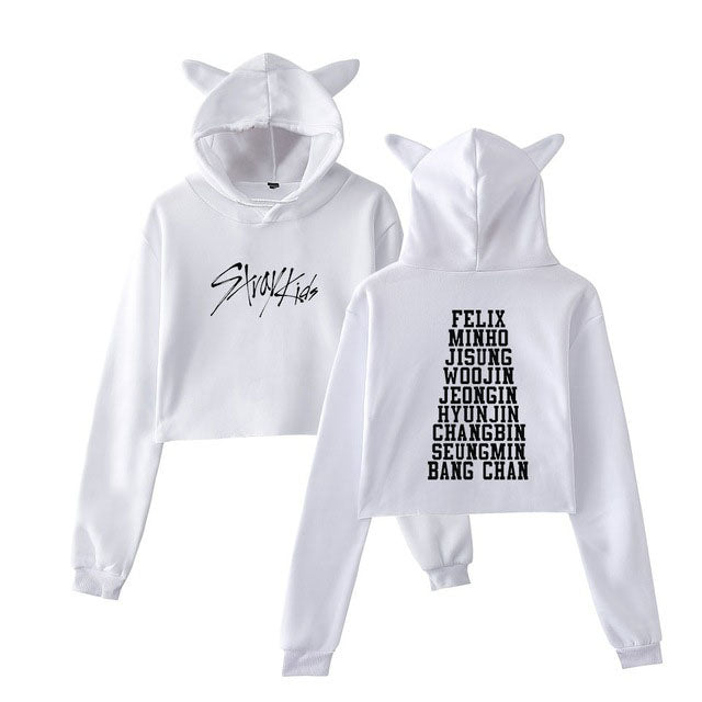Kawaii Cat Ears StrayKids Cropped Hoodie for Women