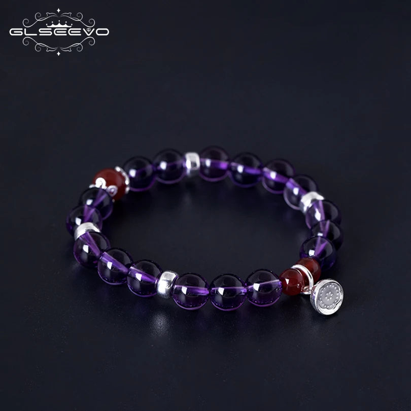 Adjustable 925 Sterling Silver Amethyst & Agate Bracelet