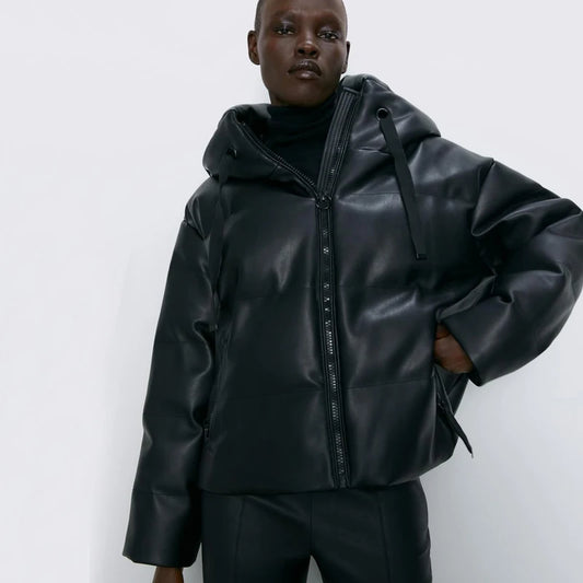 Harajuku Style Faux Leather Parka for Women