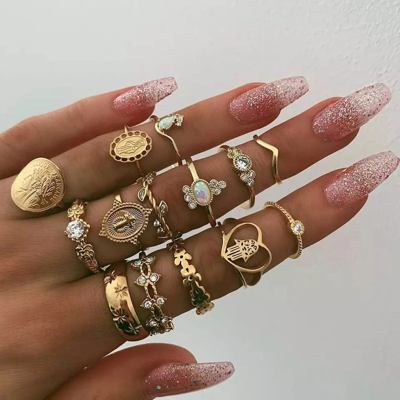 Tocona 15 Pcs Boho Virgin Mary Gold Rings Set for Women