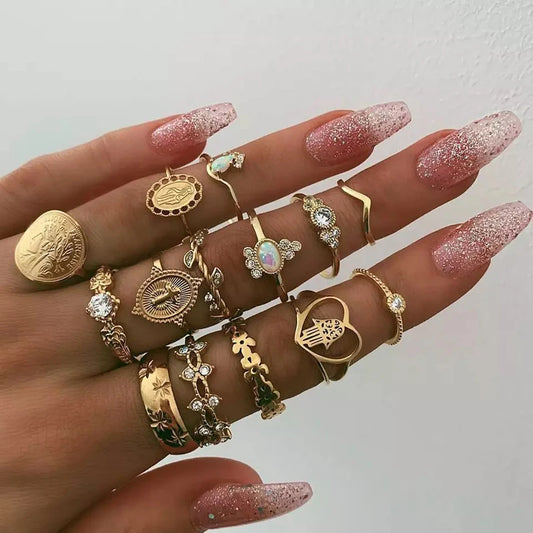 Tocona 15 Pcs Boho Virgin Mary Gold Rings Set for Women
