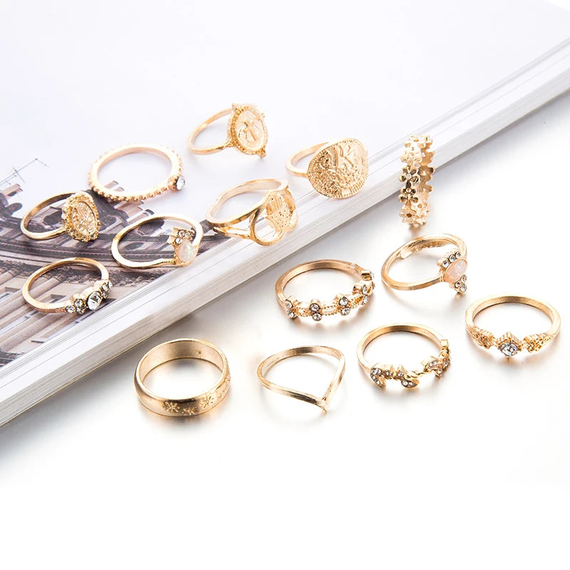 Tocona 15 Pcs Boho Virgin Mary Gold Rings Set for Women