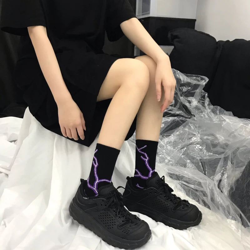 Korean-Inspired Harajuku Skateboard Long Socks with Fun Lightning Design - Unisex