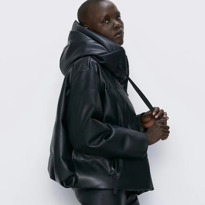 Harajuku Style Faux Leather Parka for Women