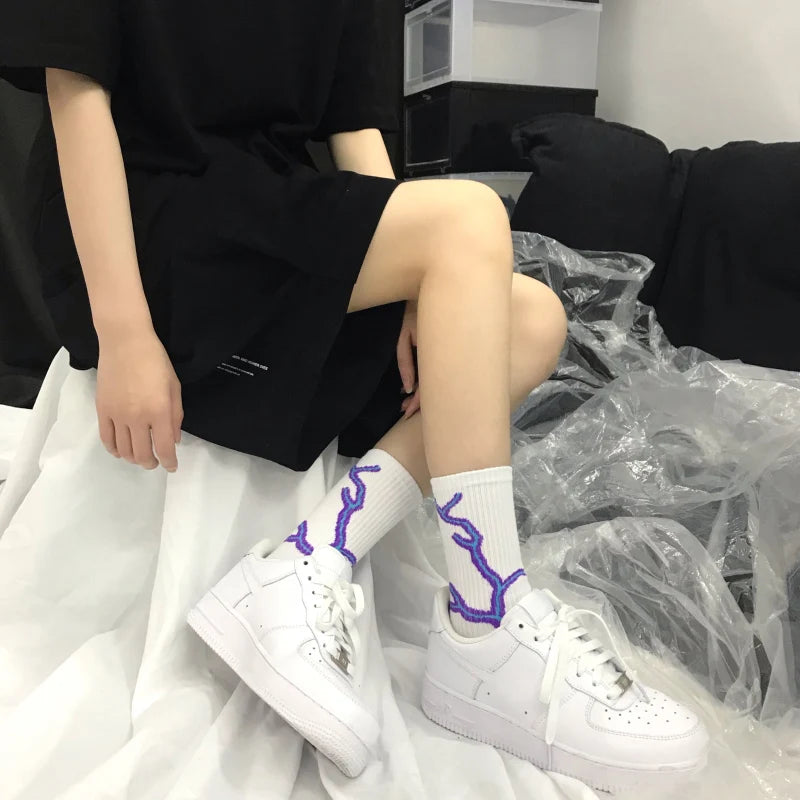 Korean-Inspired Harajuku Skateboard Long Socks with Fun Lightning Design - Unisex