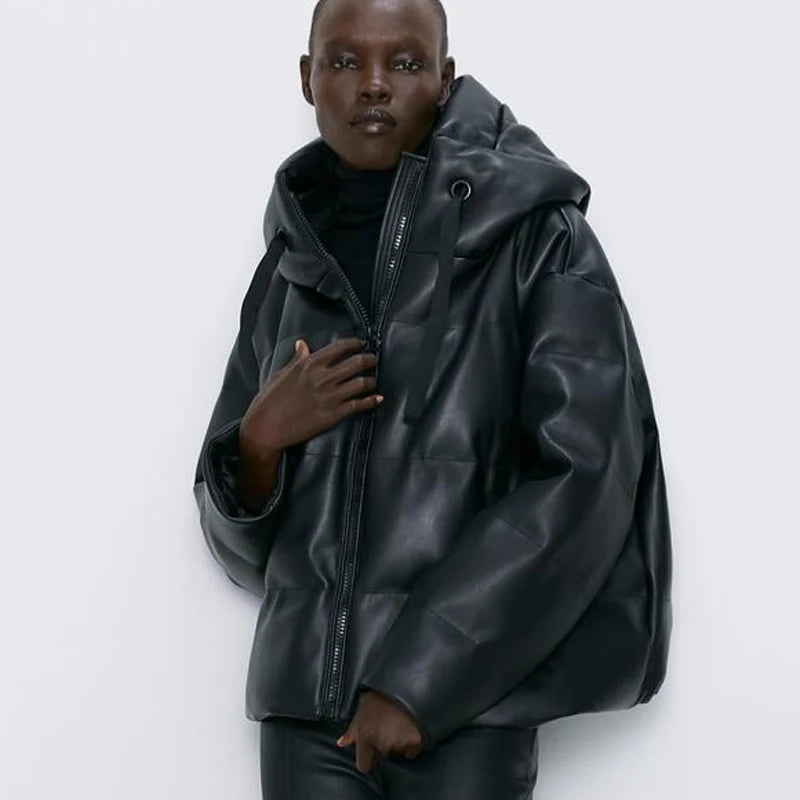 Harajuku Style Faux Leather Parka for Women