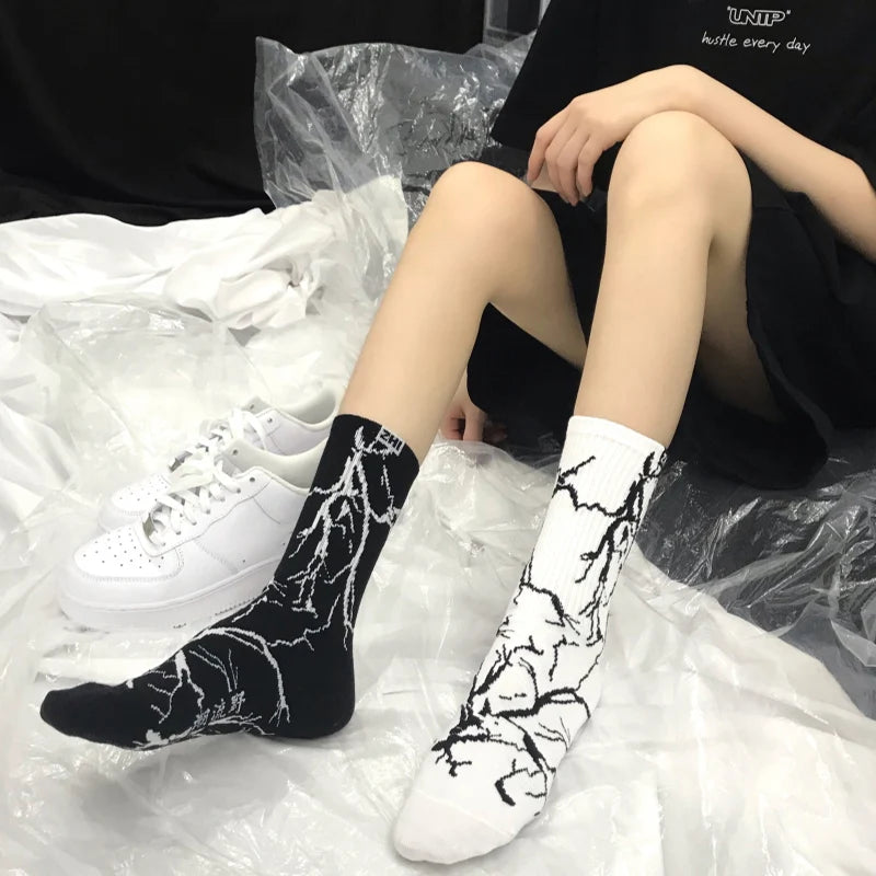 Korean-Inspired Harajuku Skateboard Long Socks with Fun Lightning Design - Unisex