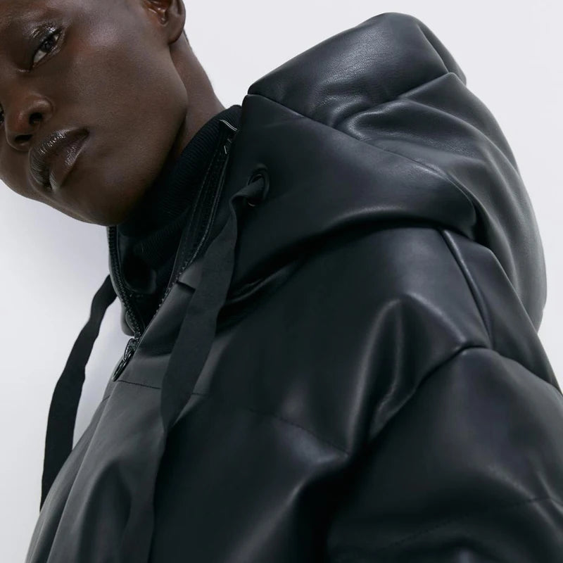 Harajuku Style Faux Leather Parka for Women