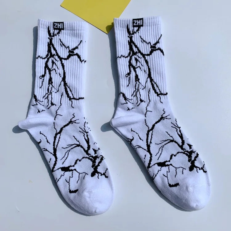 Korean-Inspired Harajuku Skateboard Long Socks with Fun Lightning Design - Unisex