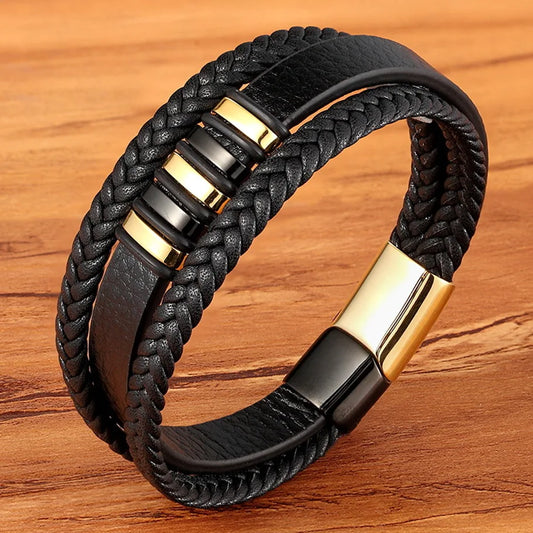 3-Layer Black Gold Punk Style Genuine Leather Bracelet