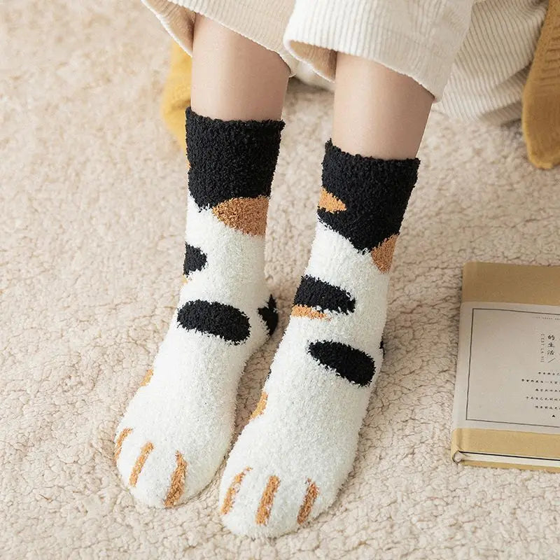 Winter Fall Socks Women Kawaii Cat Claws Warm Thick Coral Fleece Knee High Cute Girls Thermal Tube Sock Snow Floor Sleeping