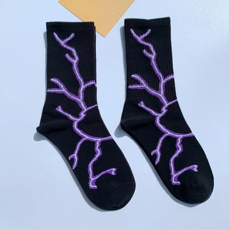 Korean-Inspired Harajuku Skateboard Long Socks with Fun Lightning Design - Unisex