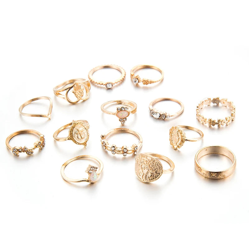 Tocona 15 Pcs Boho Virgin Mary Gold Rings Set for Women