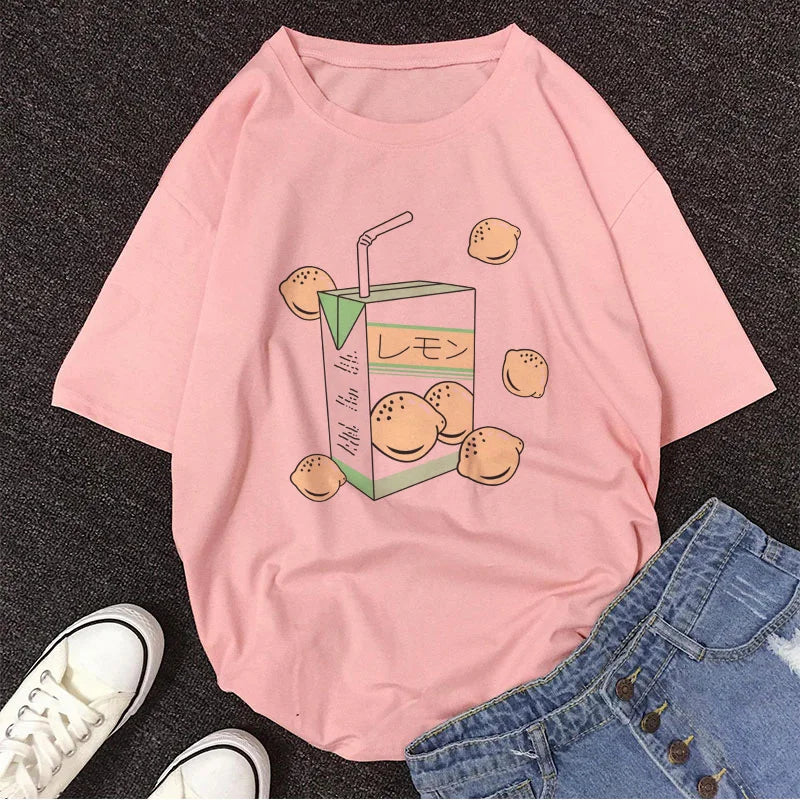 Kawaii Cartoon Peach Juice T-Shirt for Women