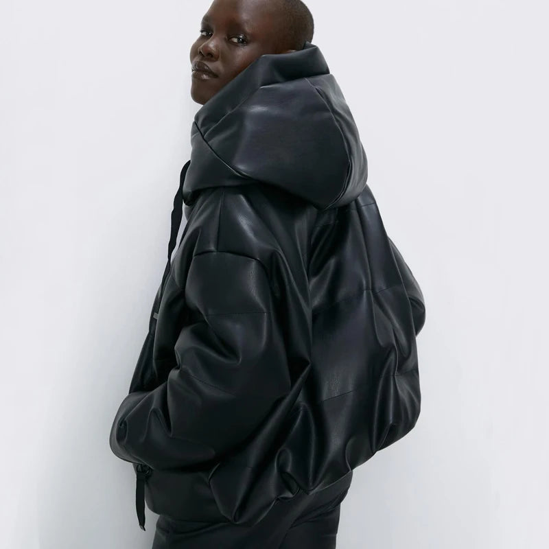 Harajuku Style Faux Leather Parka for Women