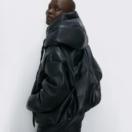 Harajuku Style Faux Leather Parka for Women