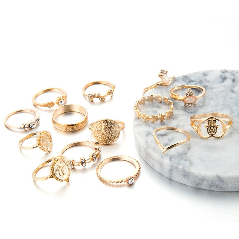 Tocona 15 Pcs Boho Virgin Mary Gold Rings Set for Women