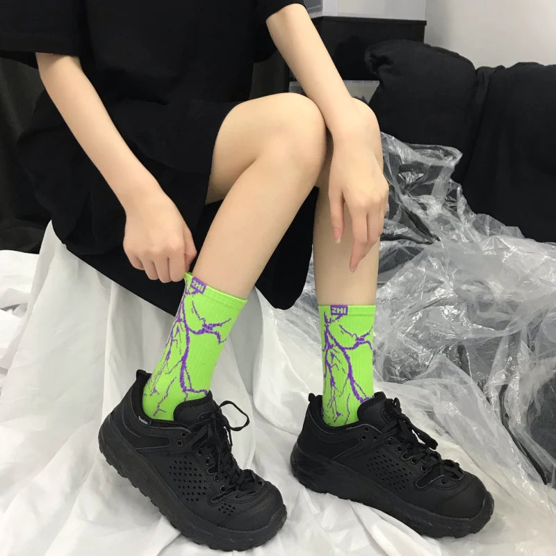 Korean-Inspired Harajuku Skateboard Long Socks with Fun Lightning Design - Unisex