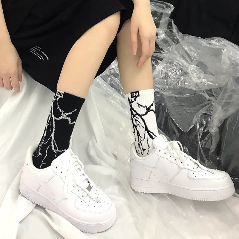 Korean-Inspired Harajuku Skateboard Long Socks with Fun Lightning Design - Unisex Streetwear Socks for Happy Couples