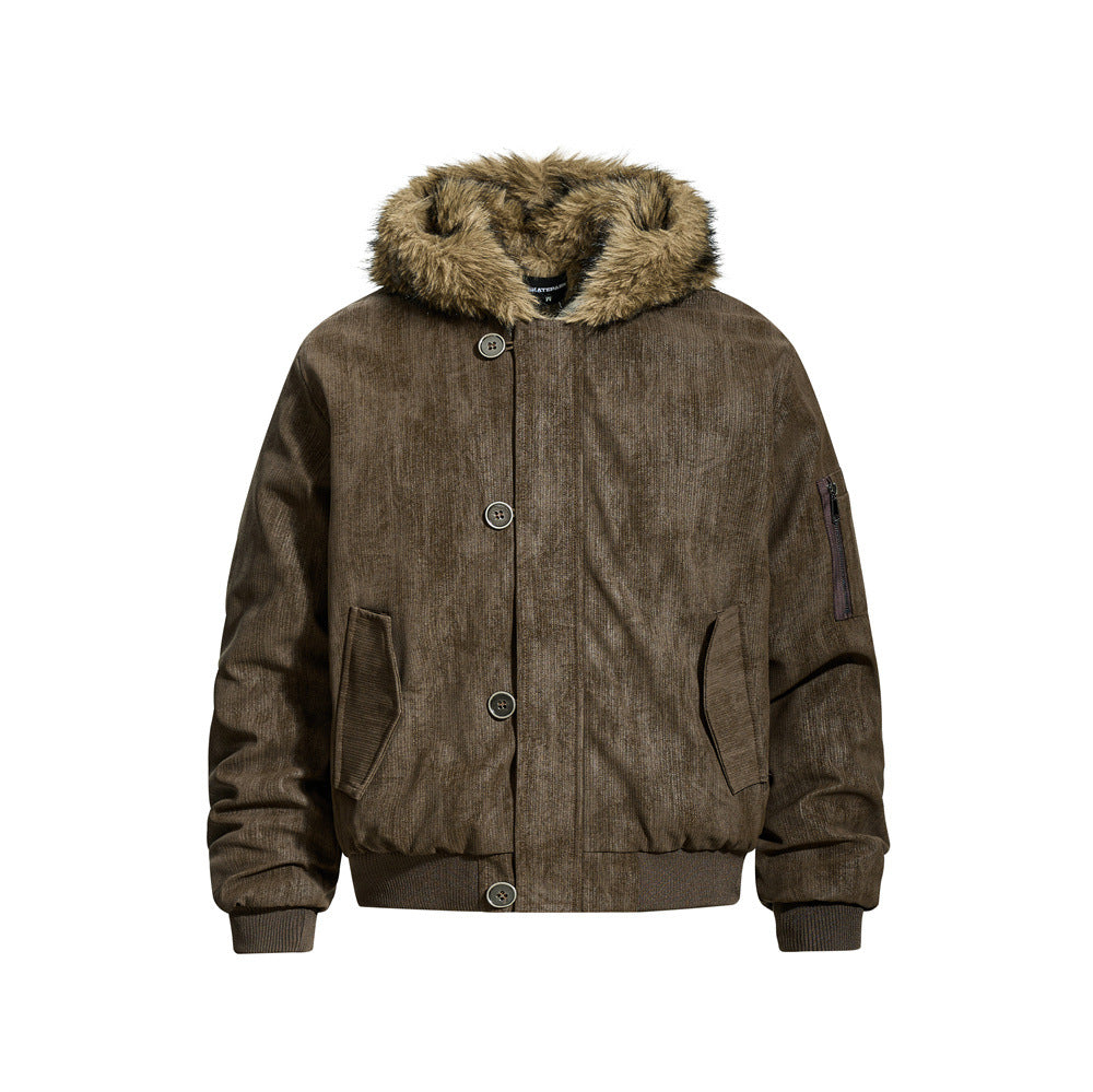 Retro Men's Cotton Coat with Hood, Multi-Pocket Casual Loose Fit Outerwear