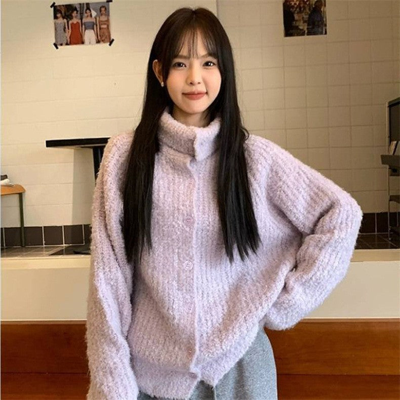 High Neck Buttoned Knit Cardigan - Loose-Fitting Sweater with Turn-Down Collar